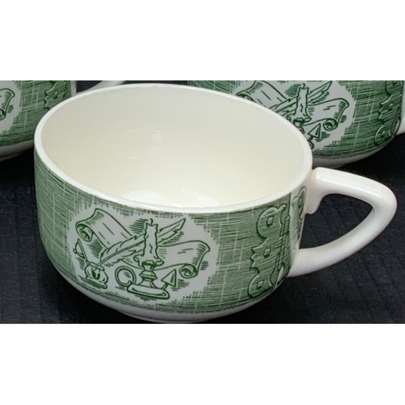 Vintage Restaurant Ware Coffee Tea Cups Green Scroll Candle Design Set of 5 - Picture 1 of 7
